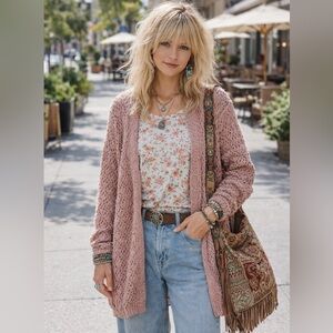 moon & madison Dusty Mauve Open Crochet Knit Cardigan Size S NWOT